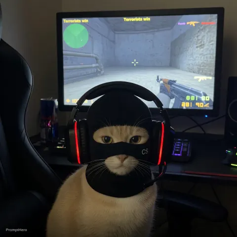 Cat Gamer Wearing Balaclava And Headset