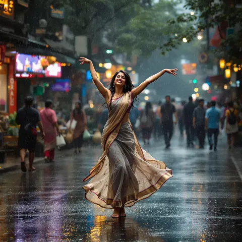 Indian Girl Dancing Rain