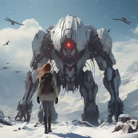 Woman Giant Robot Snowy Mountain