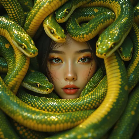 Girl Surrounded Serpent Faces