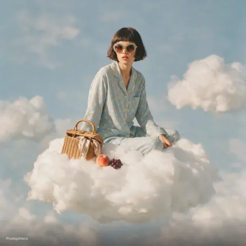 Asian Woman Fluffy Clouds