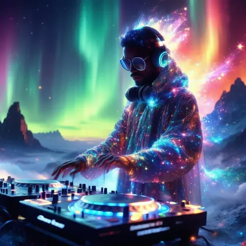 Celestial DJ Spinning Under Glowing Auroras