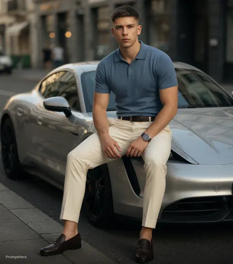 Man In Polo Shirt On Car