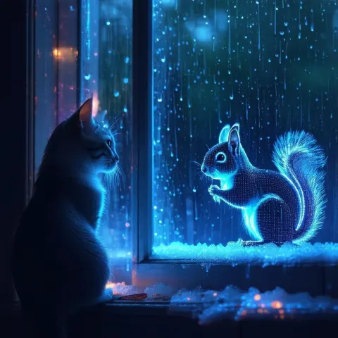 Neon Cat Watching a Holographic Squirrel