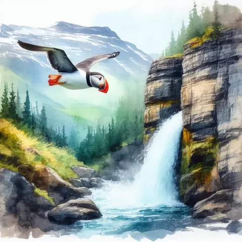 Watercolor Puffin Soaring Past Alaskan Waterfall Cliffs