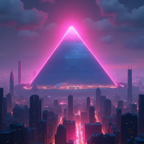 Great Pyramid Glowing Over a Neon Metropolis