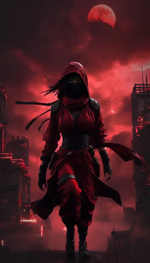 Ninja Woman Red Black Cyberpunk