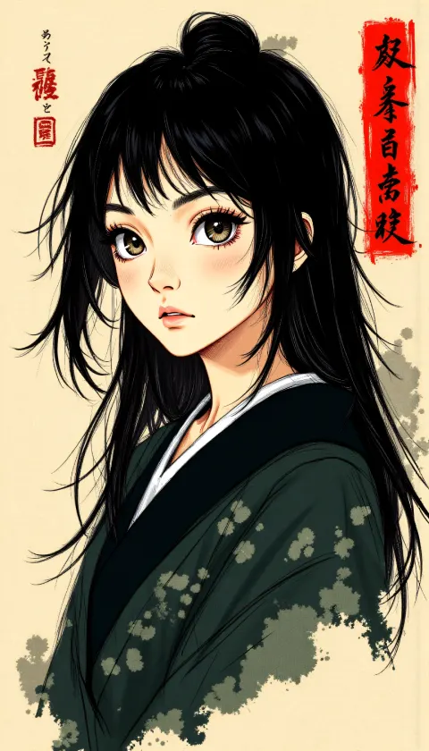 Japanese Woman Ink Splatters Portrait