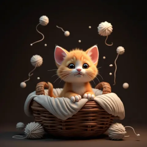 3D Kitten Nestled in a Rustic Yarn Basket