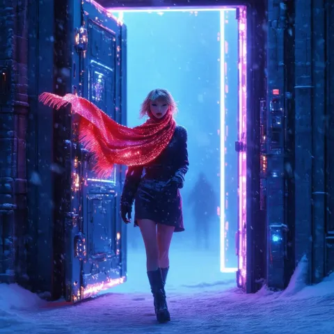 Taylor Swift in a Neon Snowstorm Doorway