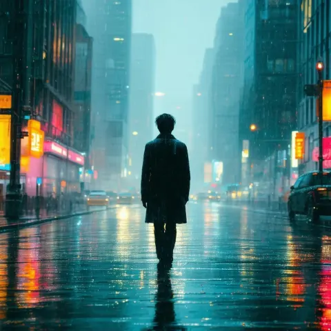 Solitary Figure Amid Swirling City Lights