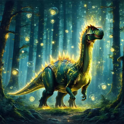 Glowing Stegosaurus Among Runes and Orbs