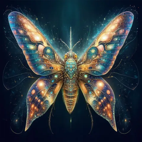 Celestial Biomechanical Moth With Glowing Wings