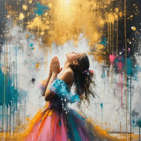 Praying Girl in Spray Paint and Ballgown