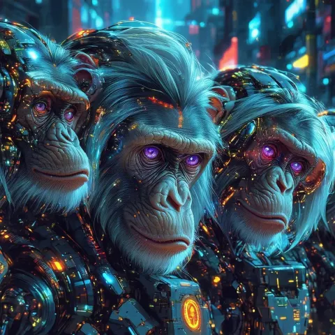 Neon Macaques With Grey Bobs and Cyber Implants