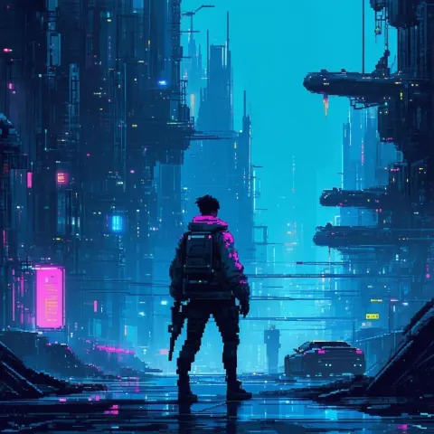 Pixel Wanderer Beneath a Cyberpunk Megastructure