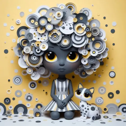 3D Paper Confetti of Girl and Spotted Kitten
