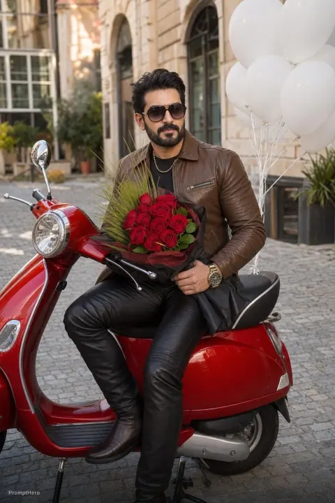 Man Red Scooter Roses Urban