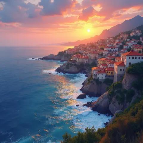 Anime Coastal Town Bathed in Sunset Gold