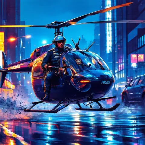 Chopper Riding Police Officer Under Neon Night