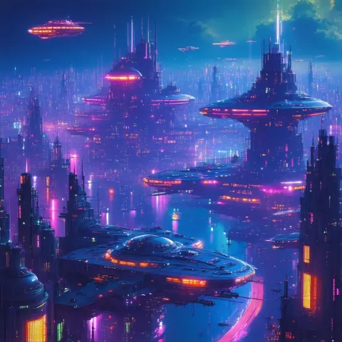 Neon Spaceship Armada Over a Glowing City