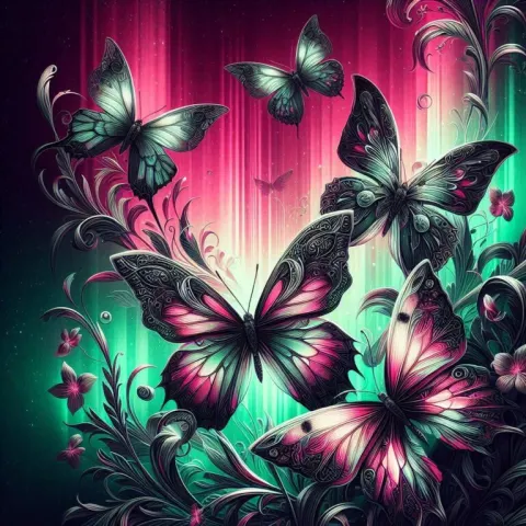 Butterflies Against Dark Pink Northern Lights