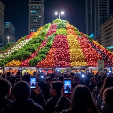 Neon Produce Mountain Dazzling City Crowds