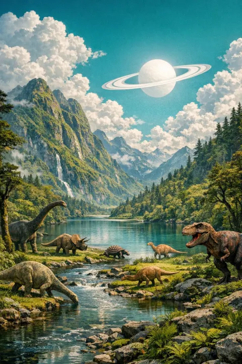 Dinosaurs Mountain Lake Landscape