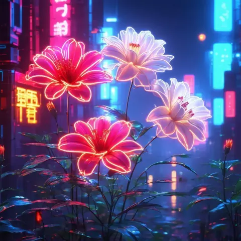 Red and White Neon Flowers Against Dark Skyline
