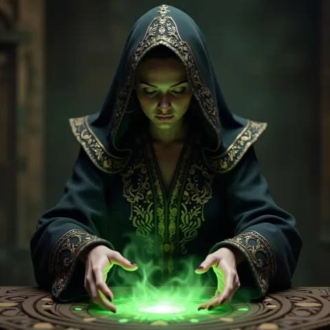 Sorceress Casting Green Spells in Gold Embroidery