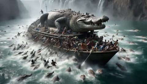 Colossal Crocodile Attack on Wooden Boat