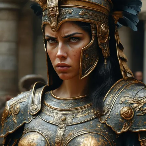 Furious Hera in Rusty Armor Close Up