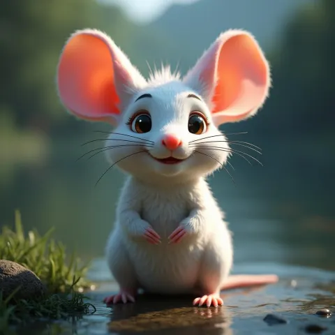 Big Eared White Mouse by a Serene Lake