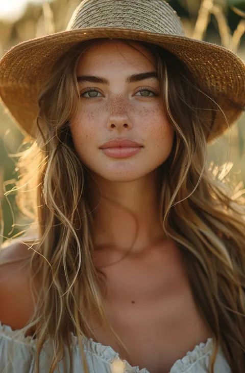 Woman Hat Field Golden Hour