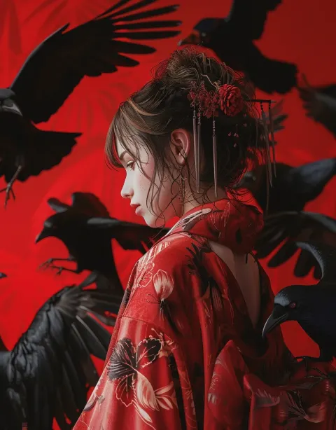 Woman Kimono Black Birds