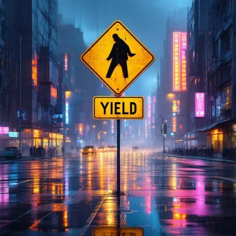 Yield Sign Glowing in a Neon Cityscape