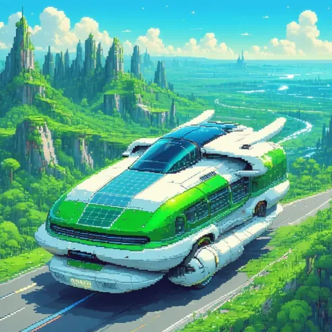 Solarpunk Hovercar Gliding a Sunny Pixel Highway