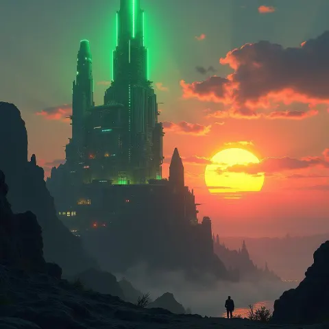 Cybernetic Green Castle at Neon Sunset