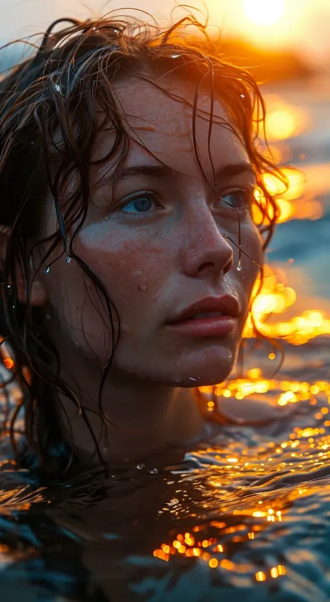 Girl Ocean Sunset Hyperrealistic