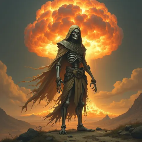 Grinning Egyptian Skeleton Before a Mushroom Cloud