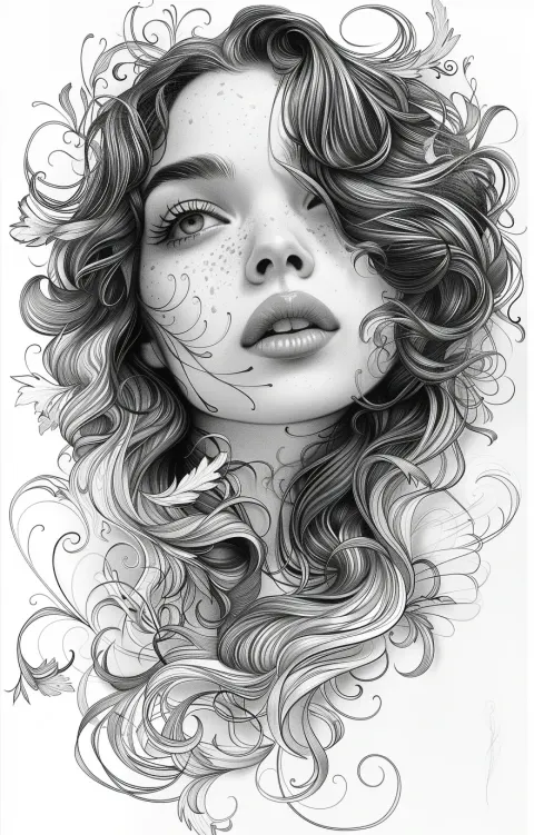 Woman Flowing Hair Engraving