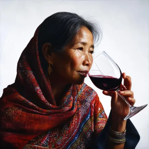 Nepali Woman Sipping Red Wine in Studio Light