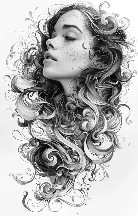 Woman Flowing Hair Engraving
