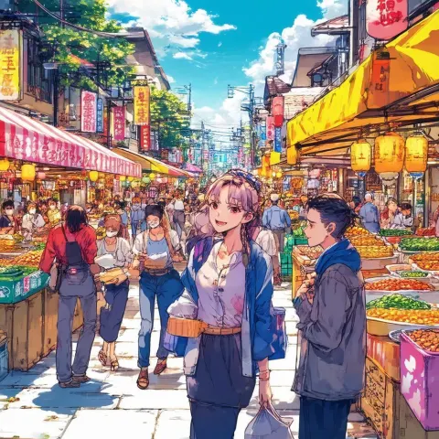 Bustling Street Market in High Energy Manga