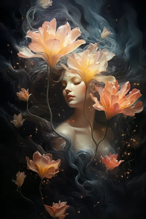 Woman Tulips Night Sky