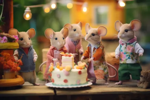 Clothed mice celebrate garden party