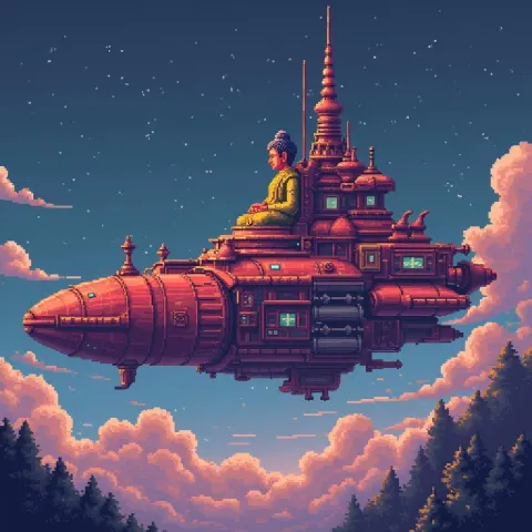 Buddhist Spaceship Drifting in 8 Bit Serenity