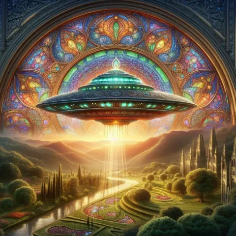 UFO with Stained Glass Over Ancient Gardens