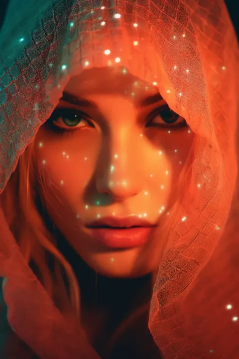 Veiled Woman Neon Grid Portrait