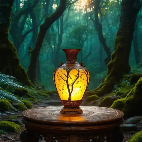 Ming Dynasty Vase Glowing in Ethereal Forest